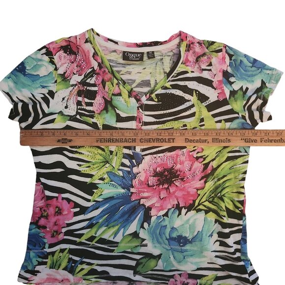 Onque Casual Floral and Zebra Print Top with Rhinestones Size M - Picture 7 of 9